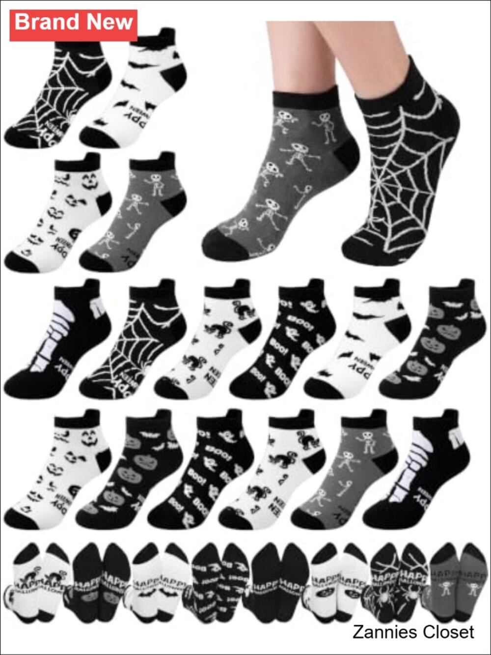 👻 Halloween Ankle Socks 16 Pairs Women Fun Patterns Polyester-Cotton